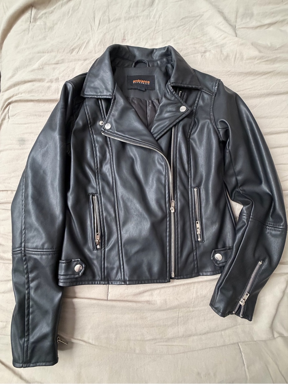 Ambiance Black Faux Leather Moto Jacket with Zip Details